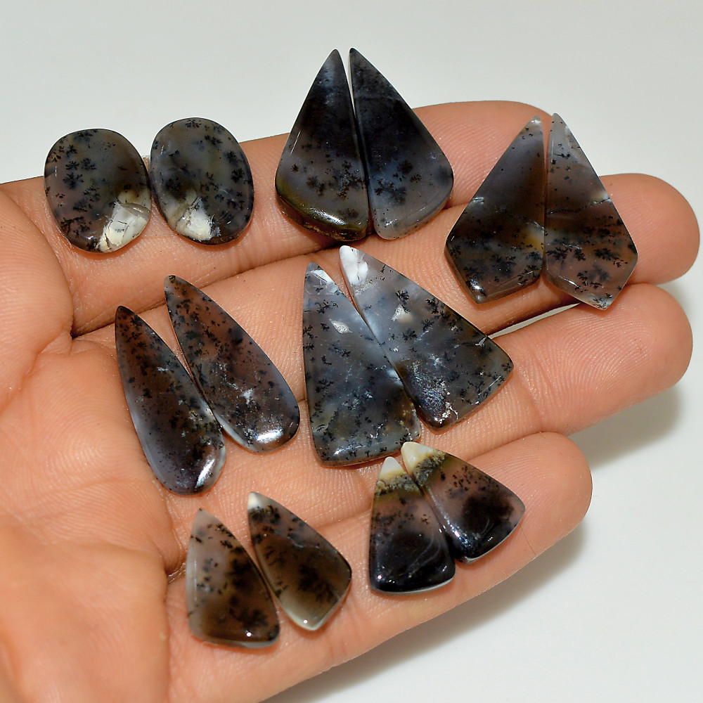 Image of 7 Pairs 128 Cts Natural White Dendrite Agate Cabochon Pair Lot Dendrite Opal Dangle Drop Silver Earrings For Women 25x10 15x10mm #16944