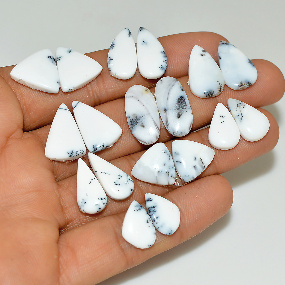 Image of 9 Pairs 81 Cts Natural White Dendrite Agate Cabochon Pair Lot Dendrite Opal Dangle Drop Silver Earrings For Women 16x10 13x6mm #16945
