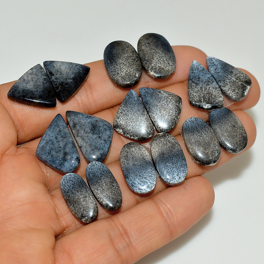 Image of 8 Pairs 102 Cts Natural White Dendrite Agate Cabochon Pair Lot Dendrite Opal Dangle Drop Silver Earrings For Women 20x10 15x5mm #16946