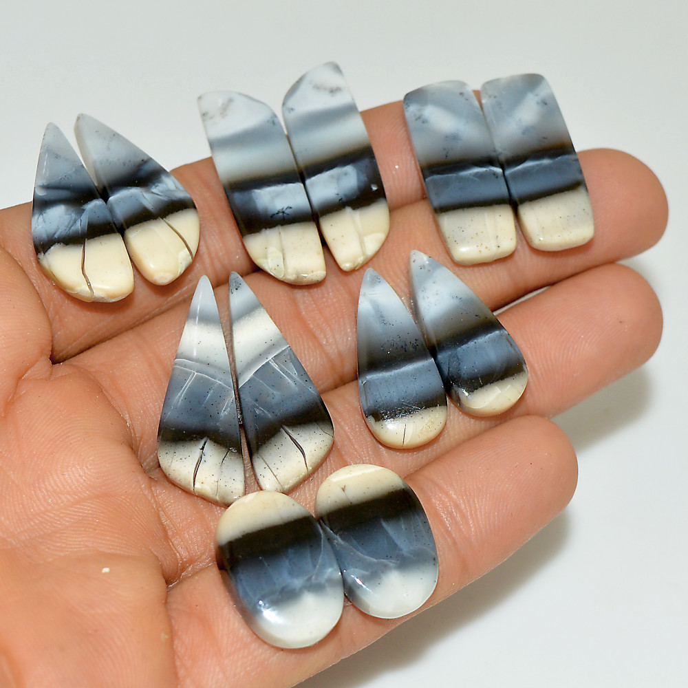 Image of 6 Pairs 136 Cts Natural White Dendrite Agate Cabochon Pair Lot Dendrite Opal Dangle Drop Silver Earrings For Women 30x10 18x10fmm #16949