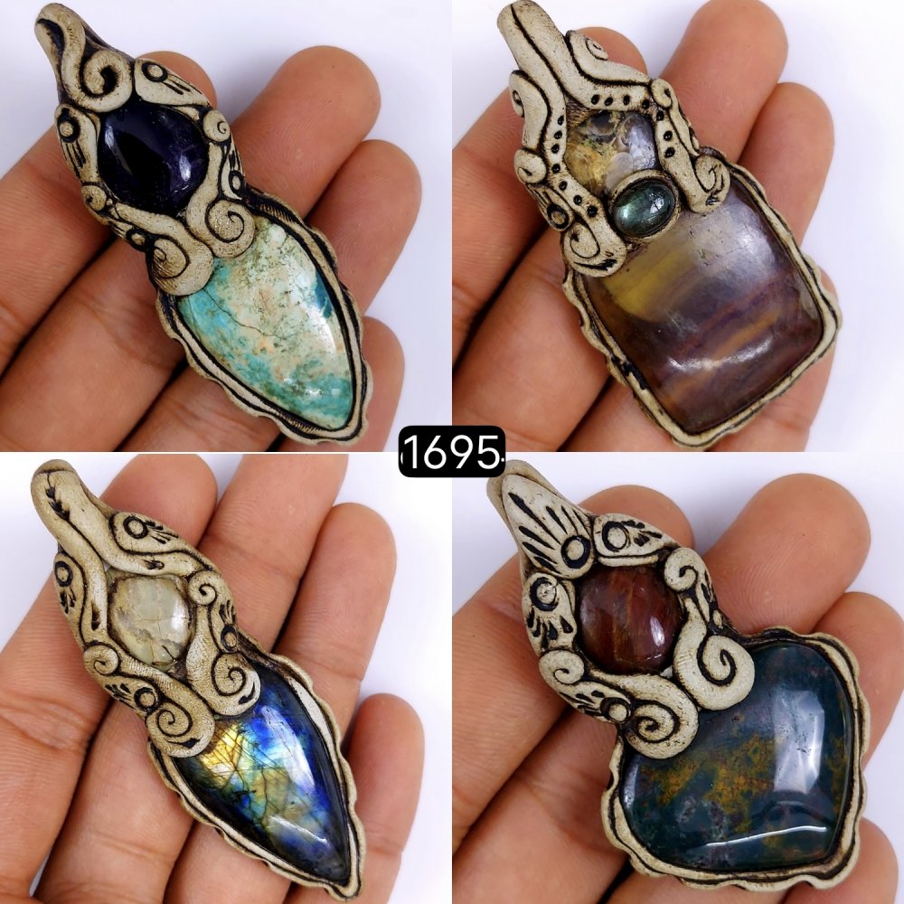 4 Pcs Lot 479Cts Natural Mix Gemstone Polymer Clay Pendant, Handmade polymer clay jewelry Necklaces, double stone Semi-precious gemstone pendants 75x25 70x20mm #G-1695