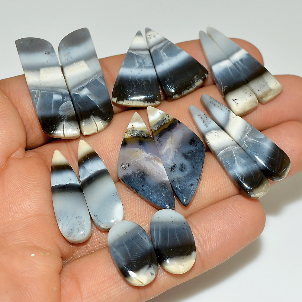 Image of 7 Pairs 152 Cts Natural White Dendrite Agate Cabochon Pair Lot Dendrite Opal Dangle Drop Silver Earrings For Women 30x10 15x10mm #16950