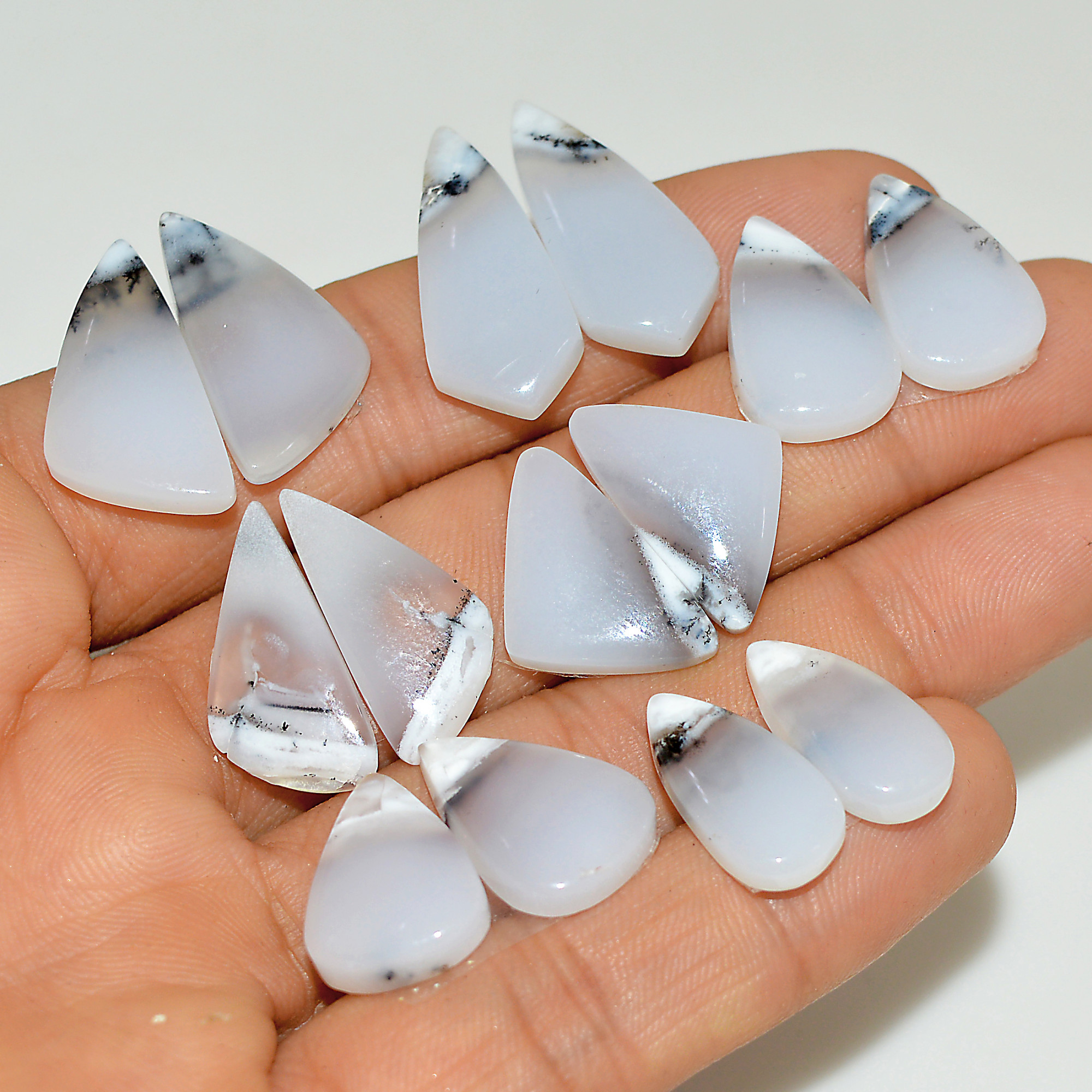 7 Pairs 120 Cts Natural White Dendrite Agate Cabochon Pair Lot Dendrite Opal Dangle Drop Silver Earrings For Women 25x10 15x8mm 16951