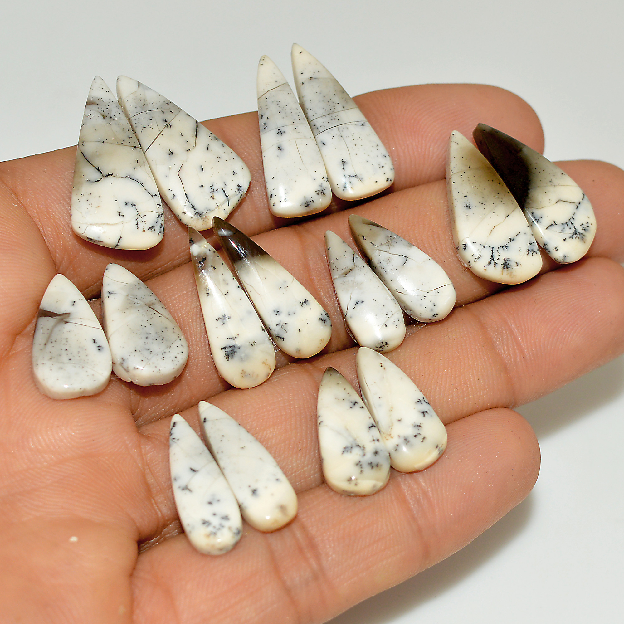 8 Pairs 98 Cts Natural White Dendrite Agate Cabochon Pair Lot Dendrite Opal Dangle Drop Silver Earrings For Women 24x10 15x5mm 16953