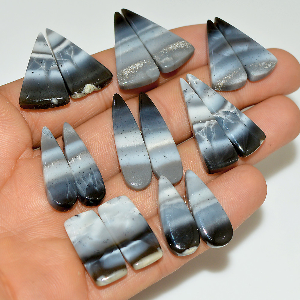 Image of 8 Pairs 162 Cts Natural White Dendrite Agate Cabochon Pair Lot Dendrite Opal Dangle Drop Silver Earrings For Women 25x10 20x10mm #16954