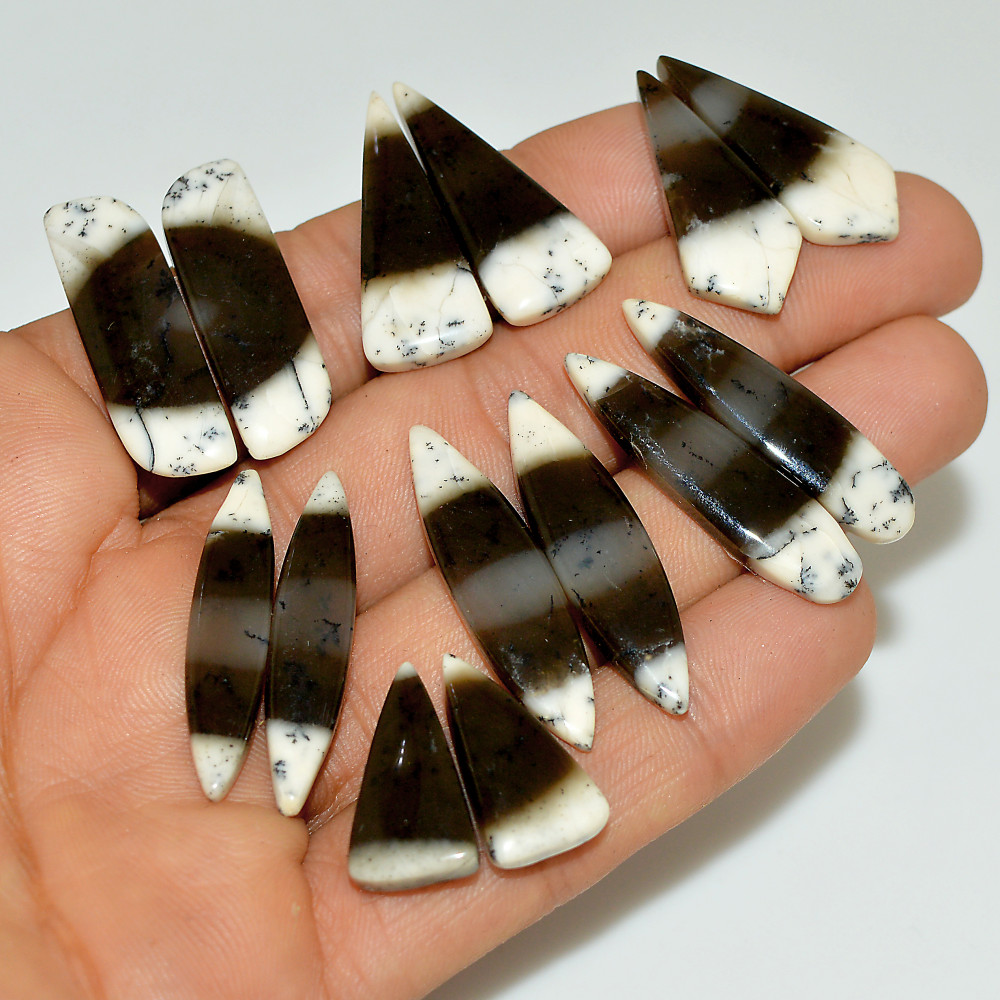 Image of 7 Pairs 137 Cts Natural White Dendrite Agate Cabochon Pair Lot Dendrite Opal Dangle Drop Silver Earrings For Women 35x7 20x10mm #16955