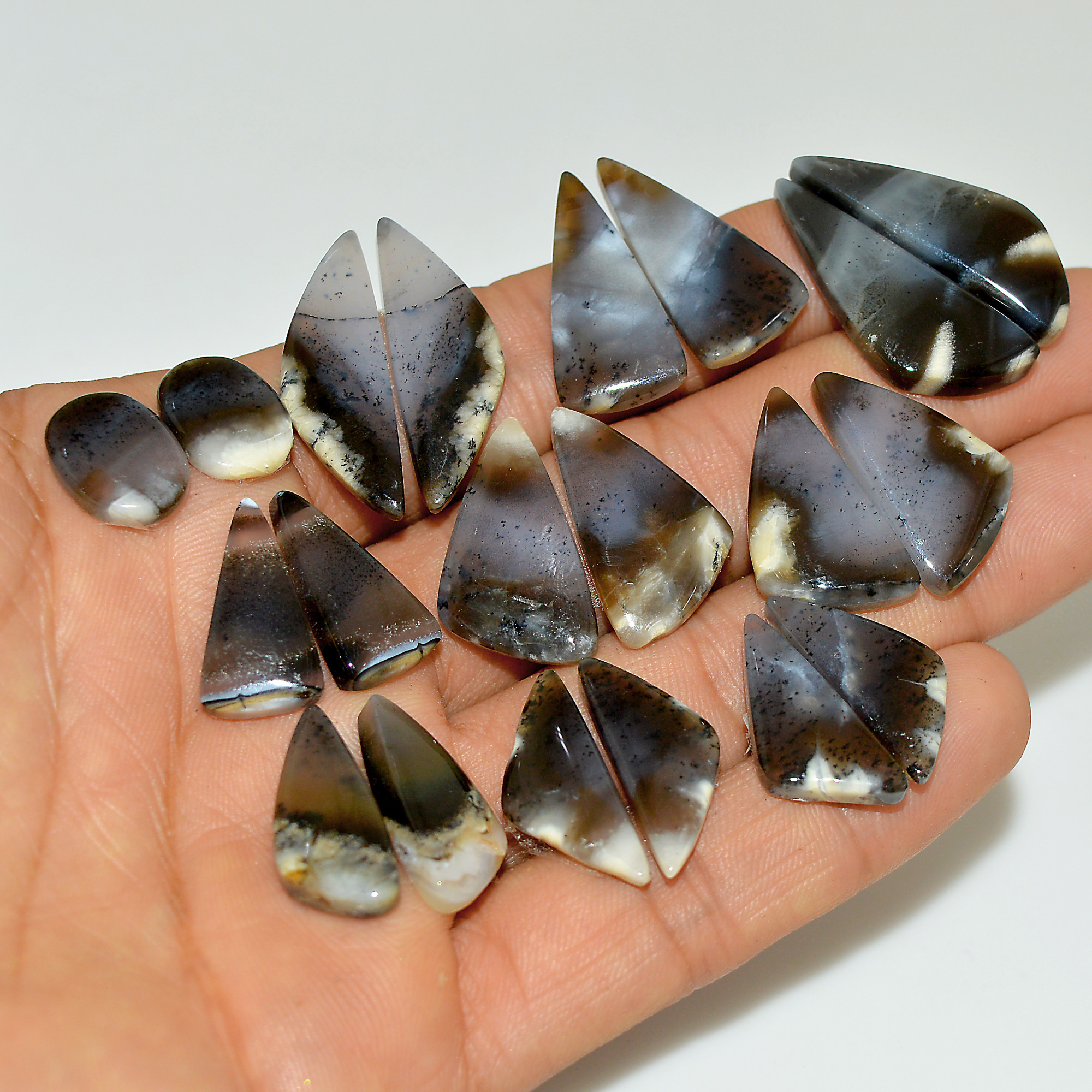 10 Pairs 184 Cts Natural White Dendrite Agate Cabochon Pair Lot Dendrite Opal Dangle Drop Silver Earrings For Women 30x10 14x10mm 16957