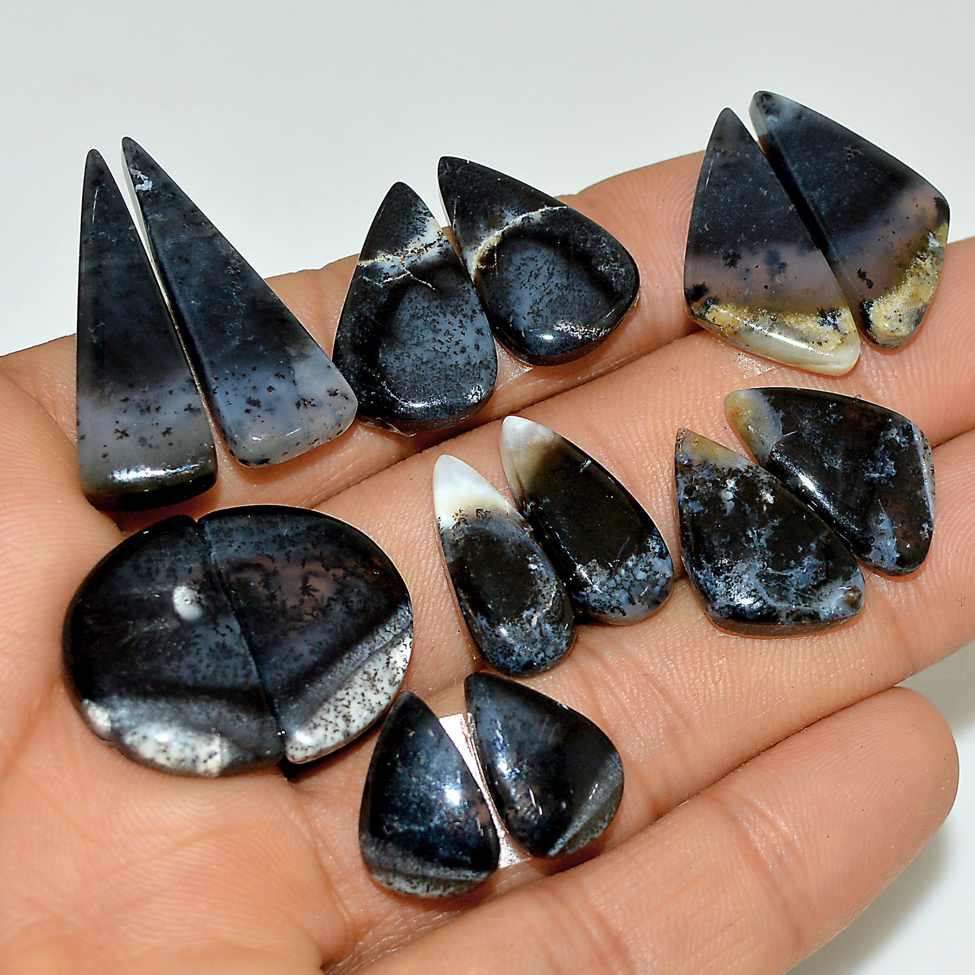 7 Pairs 131 Cts Natural White Dendrite Agate Cabochon Pair Lot Dendrite Opal Dangle Drop Silver Earrings For Women 30x10 14x10mm 16958