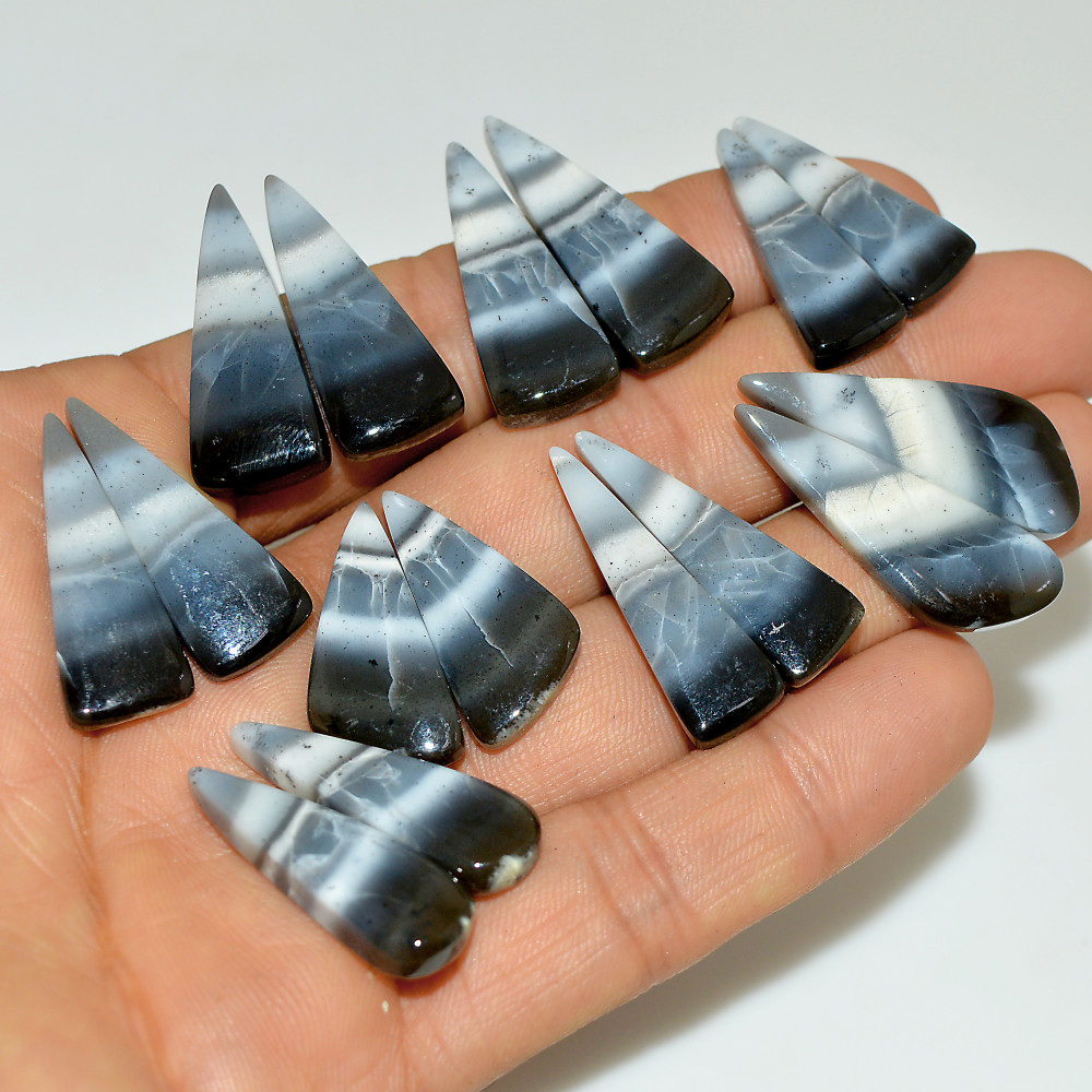 Image of 8 Pairs 187 Cts Natural White Dendrite Agate Cabochon Pair Lot Dendrite Opal Dangle Drop Silver Earrings For Women 30x10 25x10mm #16959