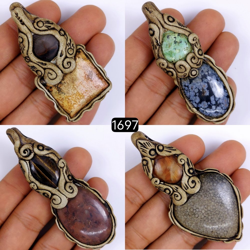 4 Pcs Lot 460Cts Natural Mix Gemstone Polymer Clay Pendant, Handmade polymer clay jewelry Necklaces, double stone Semi-precious gemstone pendants 75x25 70x20mm #G-1697