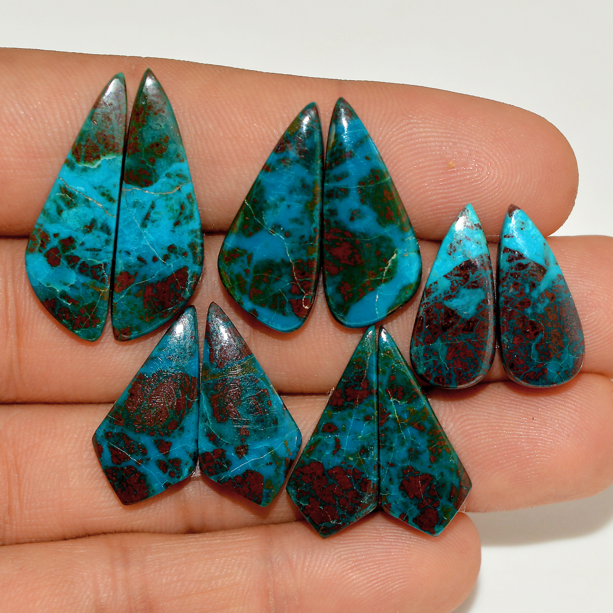 5 Pairs 71 Cts Natural Green Chrysocolla Cabochon Pair Lot Chrysocolla Dangle Drop Silver Earrings Jewelry For Women 29x9 19x8mm 16976