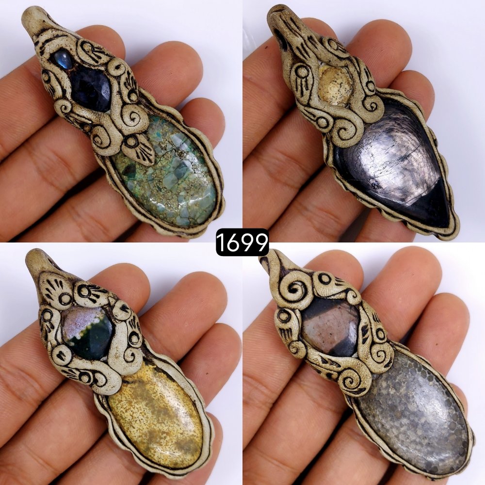 4 Pcs Lot 450Cts Natural Mix Gemstone Polymer Clay Pendant, Handmade polymer clay jewelry Necklaces, double stone Semi-precious gemstone pendants 75x2570x20mm #G-1699