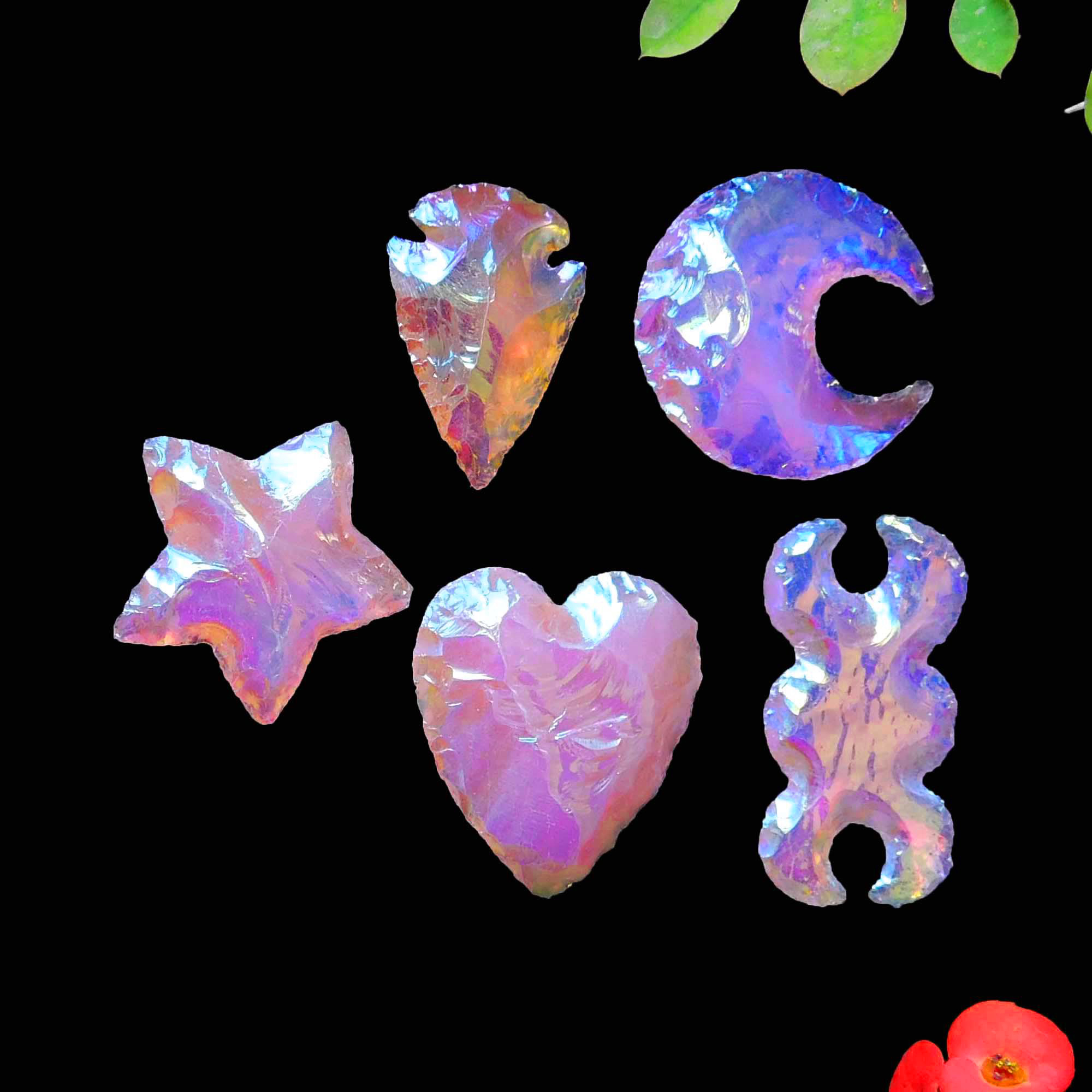 Set Of 5 Shape Aura Coated Rose Quartz Moon Star Heart Arrowhead Triple Moon Carving