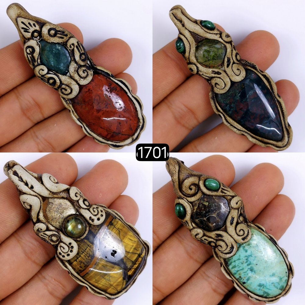 4 Pcs Lot 460Cts Natural Mix Gemstone Polymer Clay Pendant, Handmade polymer clay jewelry Necklaces, double stone Semi-precious gemstone pendants 75x25 70x20mm #G-1701