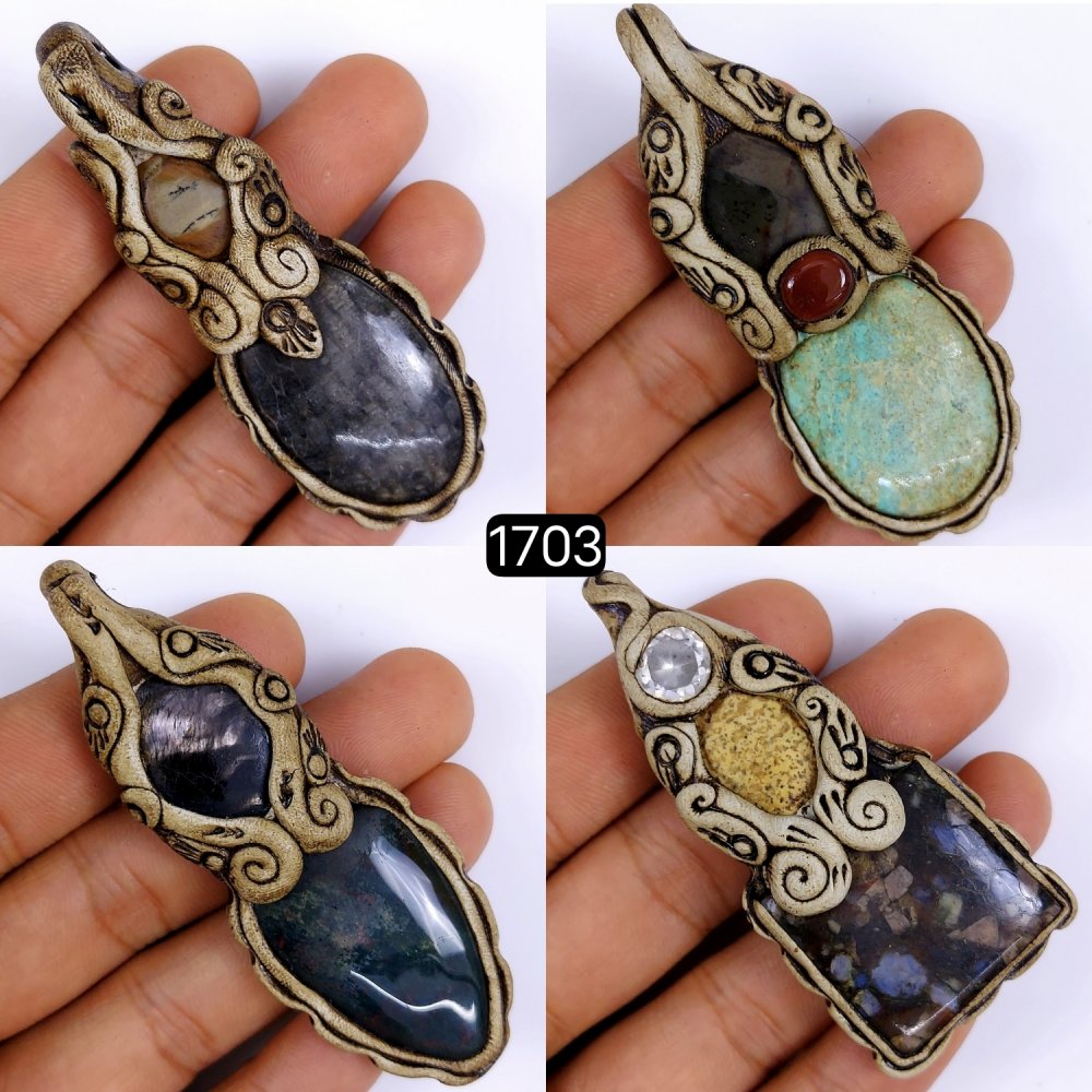 4 Pcs Lot 480Cts Natural Mix Gemstone Polymer Clay Pendant, Handmade polymer clay jewelry Necklaces, double stone Semi-precious gemstone pendants 75x25 70x20mm #G-1703