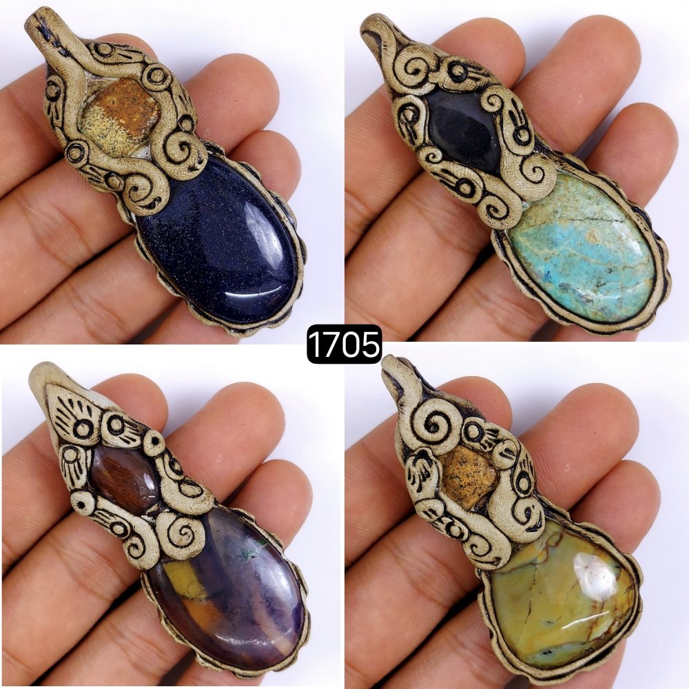 4 Pcs Lot 449Cts Natural Mix Gemstone Polymer Clay Pendant, Handmade polymer clay jewelry Necklaces, double stone Semi-precious gemstone pendants 75x25 70x20mm #G-1705