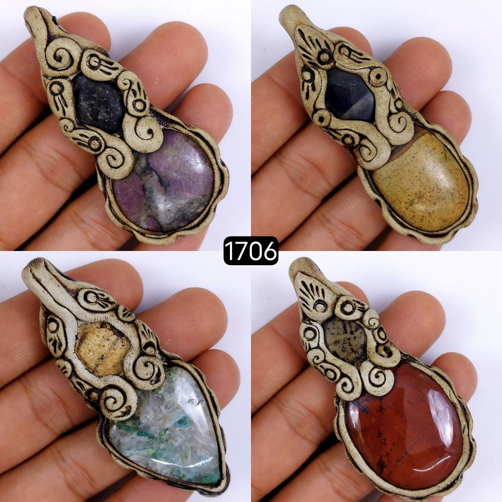 4 Pcs Lot 464Cts Natural Mix Gemstone Polymer Clay Pendant, Handmade polymer clay jewelry Necklaces, double stone Semi-precious gemstone pendants 75x25 70x20mm #G-1706