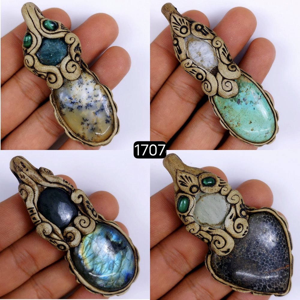 4 Pcs Lot 515Cts Natural Mix Gemstone Polymer Clay Pendant, Handmade polymer clay jewelry Necklaces, double stone Semi-precious gemstone pendants 75x25 70x20mm #G-1707