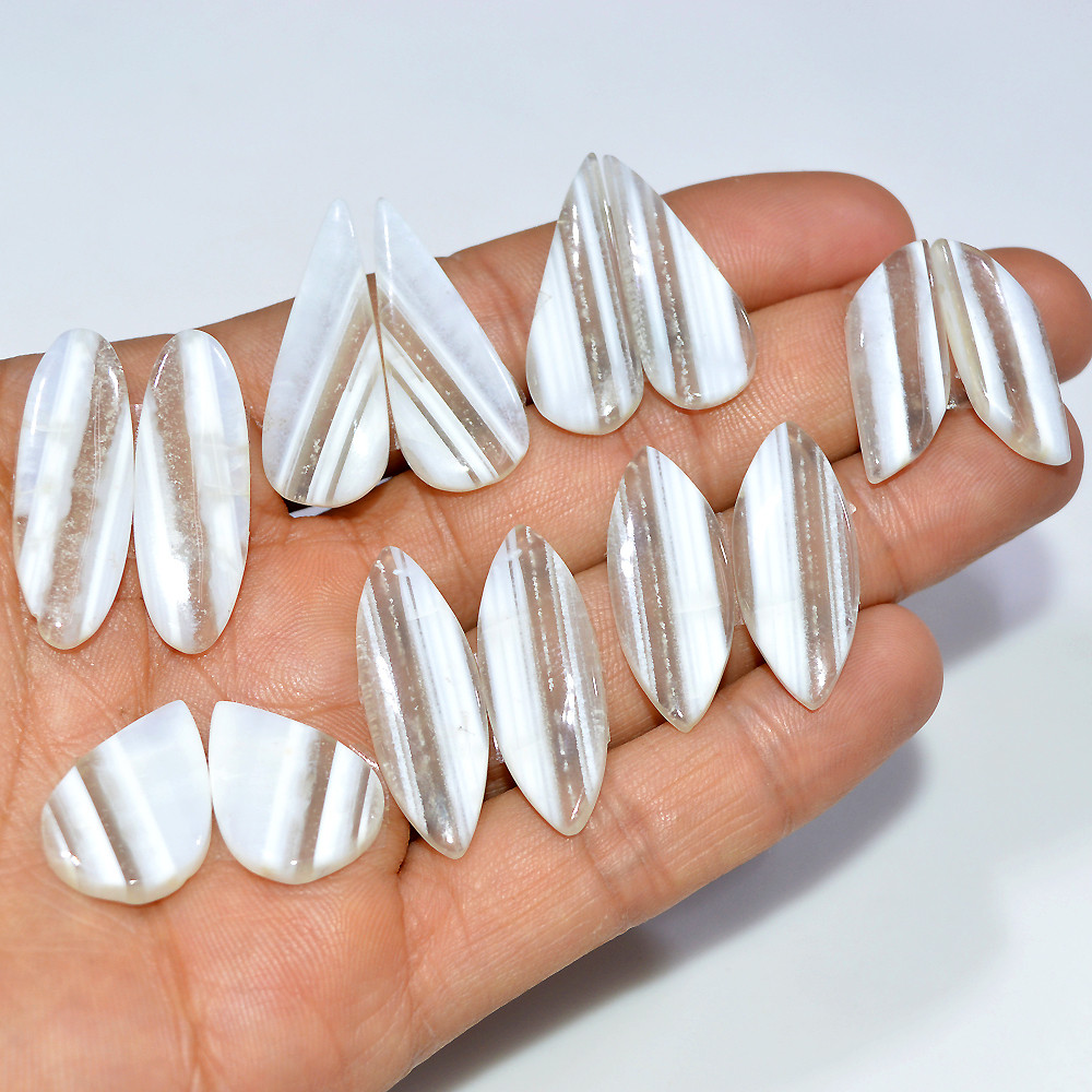 7 Pairs 159 Cts Natural White Agate Cabochon Gemstone Pair Lot Dangle Drop Silver Earrings Making Pairs For Women 30x10 20x15mm 17074