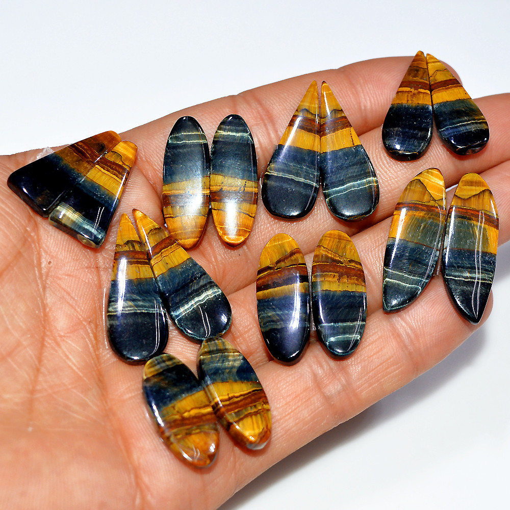 Image of 8 Pairs 176 Cts Natural Multi Tiger Eye Cabochon Gemstone Dangle Drop Earrings Making Pair 30x10 23x10mm #17081