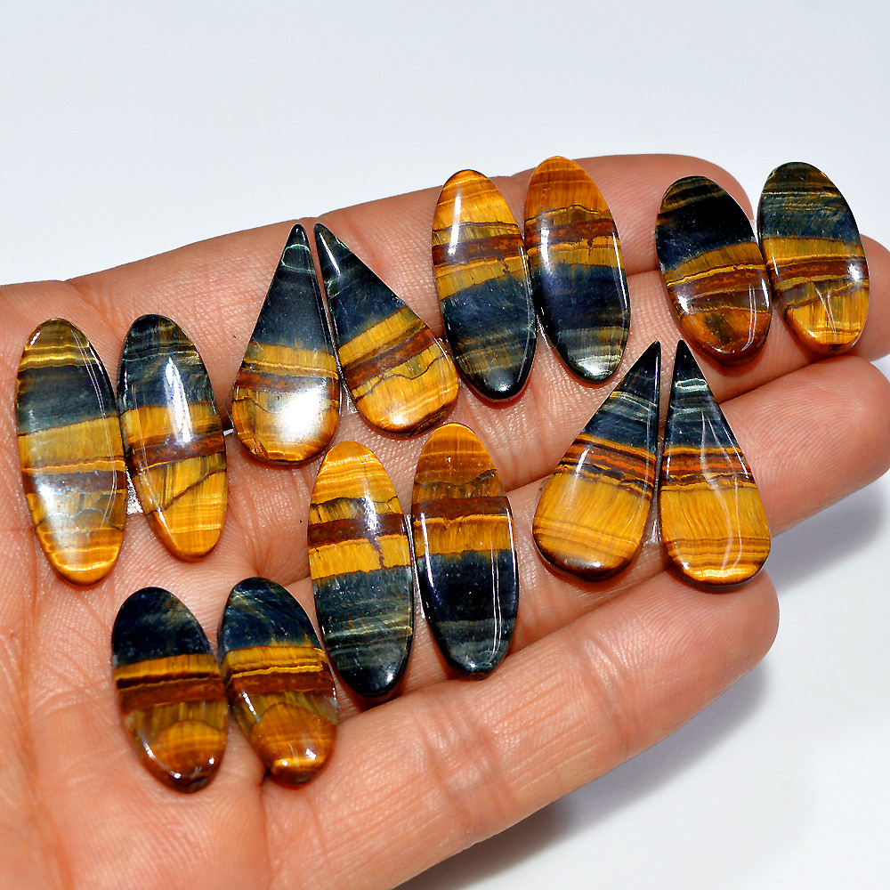 7 Pairs 152 Cts Natural Multi Tiger Eye Cabochon Gemstone Dangle Drop Earrings Making Pair 27x10 22x10mm 17082
