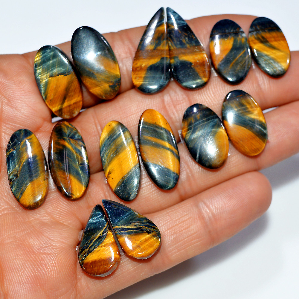 Image of 7 Pairs 132 Cts Natural Multi Tiger Eye Cabochon Gemstone Dangle Drop Earrings Making Pair 25x10 19x10mm #17084