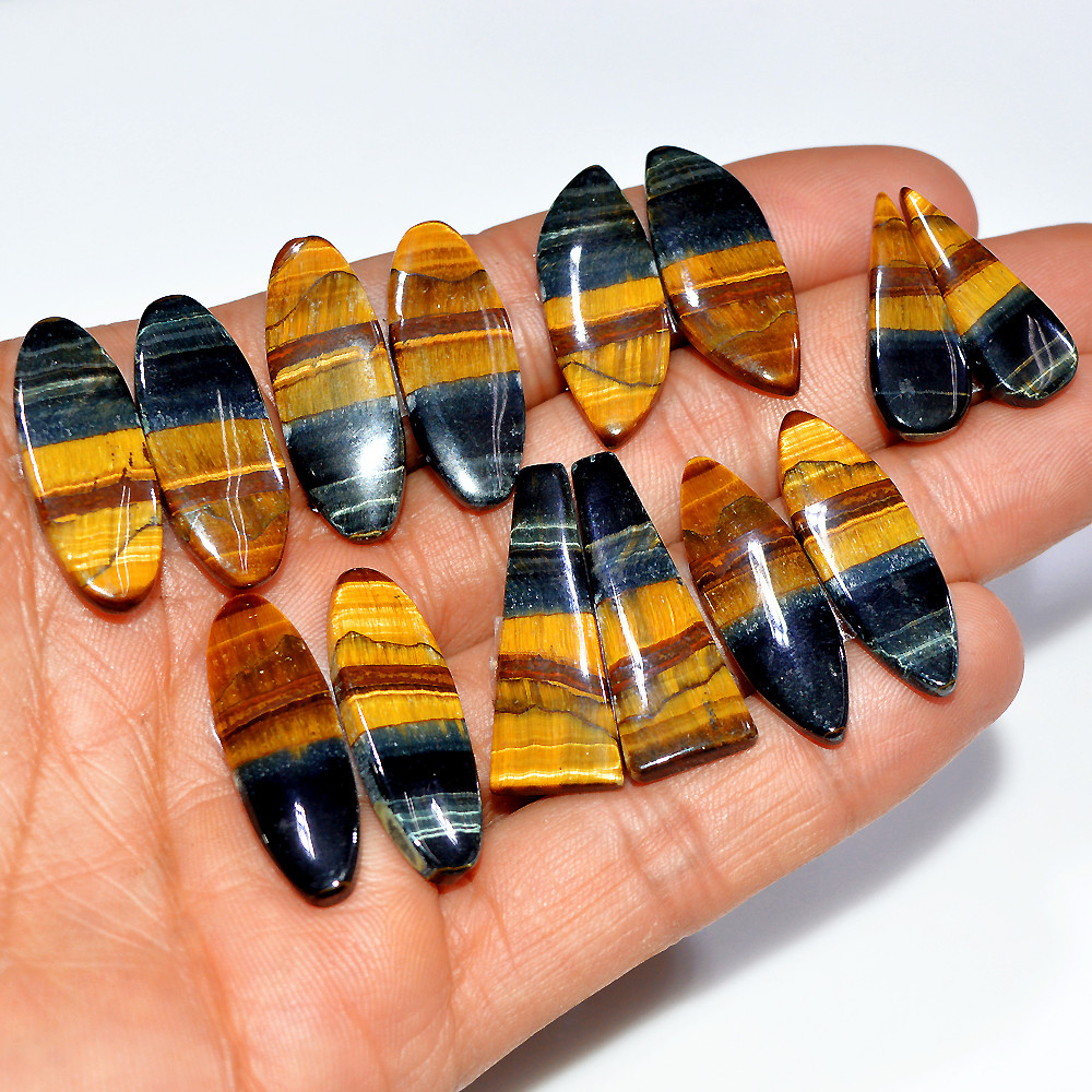 7 Pairs 167 Cts Natural Multi Tiger Eye Cabochon Gemstone Dangle Drop Earrings Making Pair 30x10 24x9mm 17086