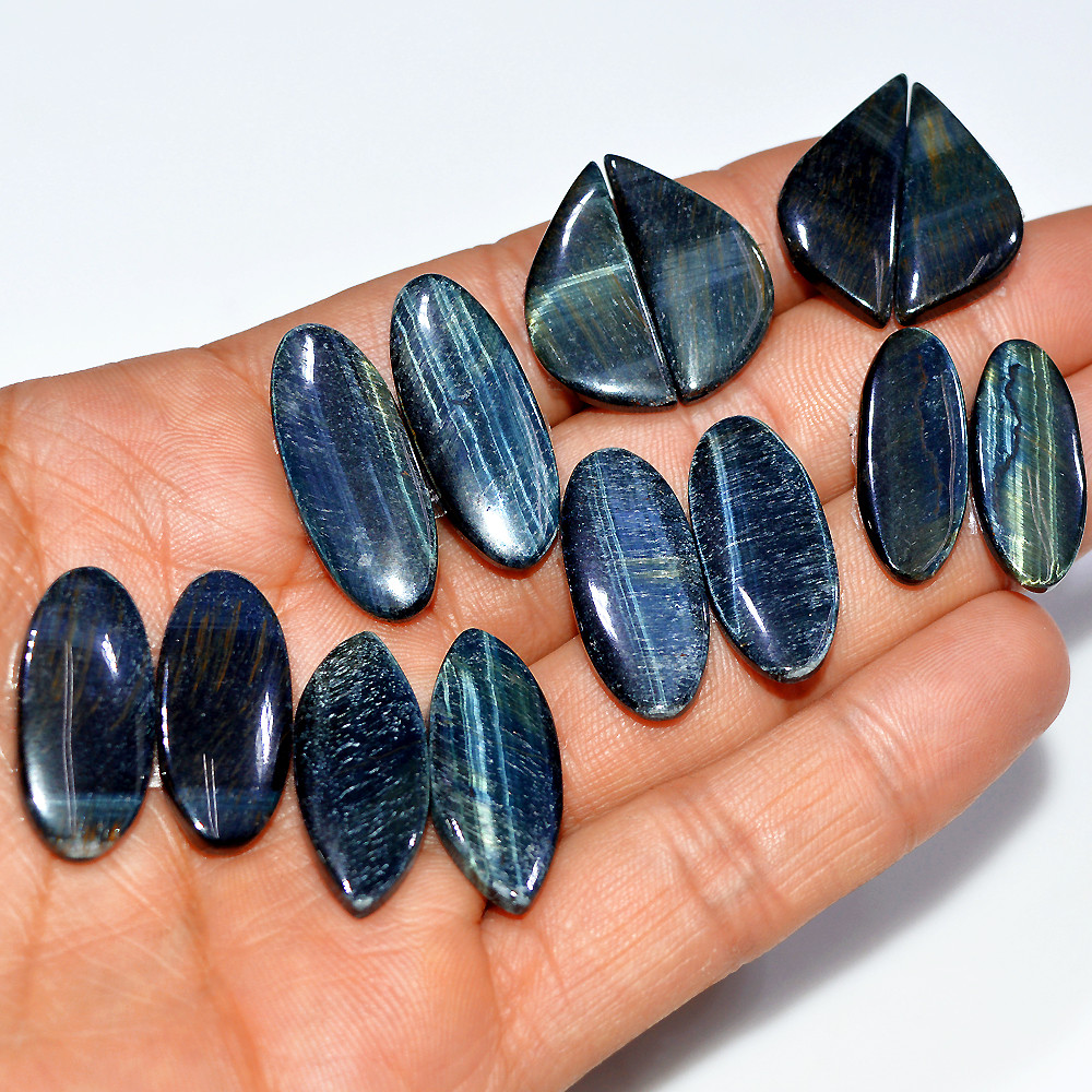 Image of 7 Pairs 159 Cts Natural Black Tiger Eye Cabochon Gemstone Dangle Drop Earrings Making Pair 29x10 24x10mm #17087