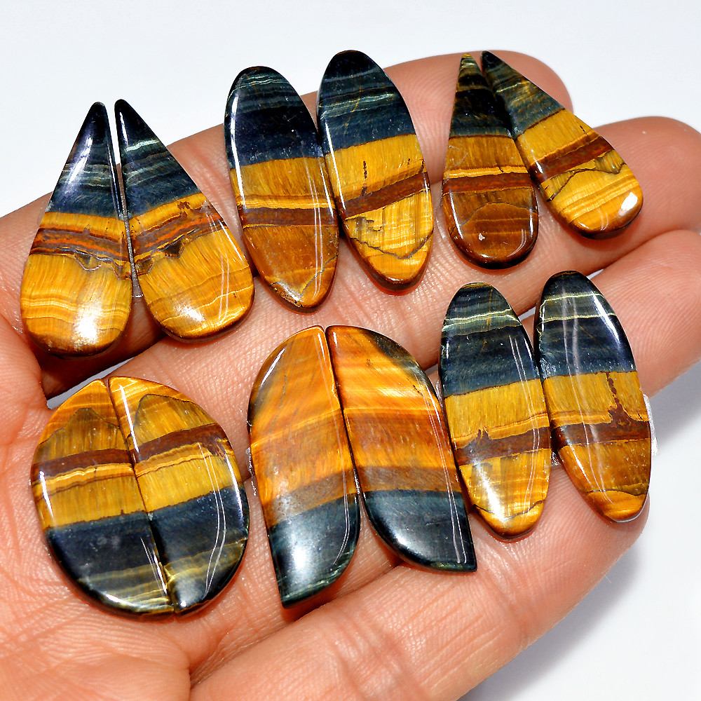 6 Pairs 141 Cts Natural Multi Tiger Eye Cabochon Gemstone Dangle Drop Earrings Making Pair 29x9 26x10mm 17088