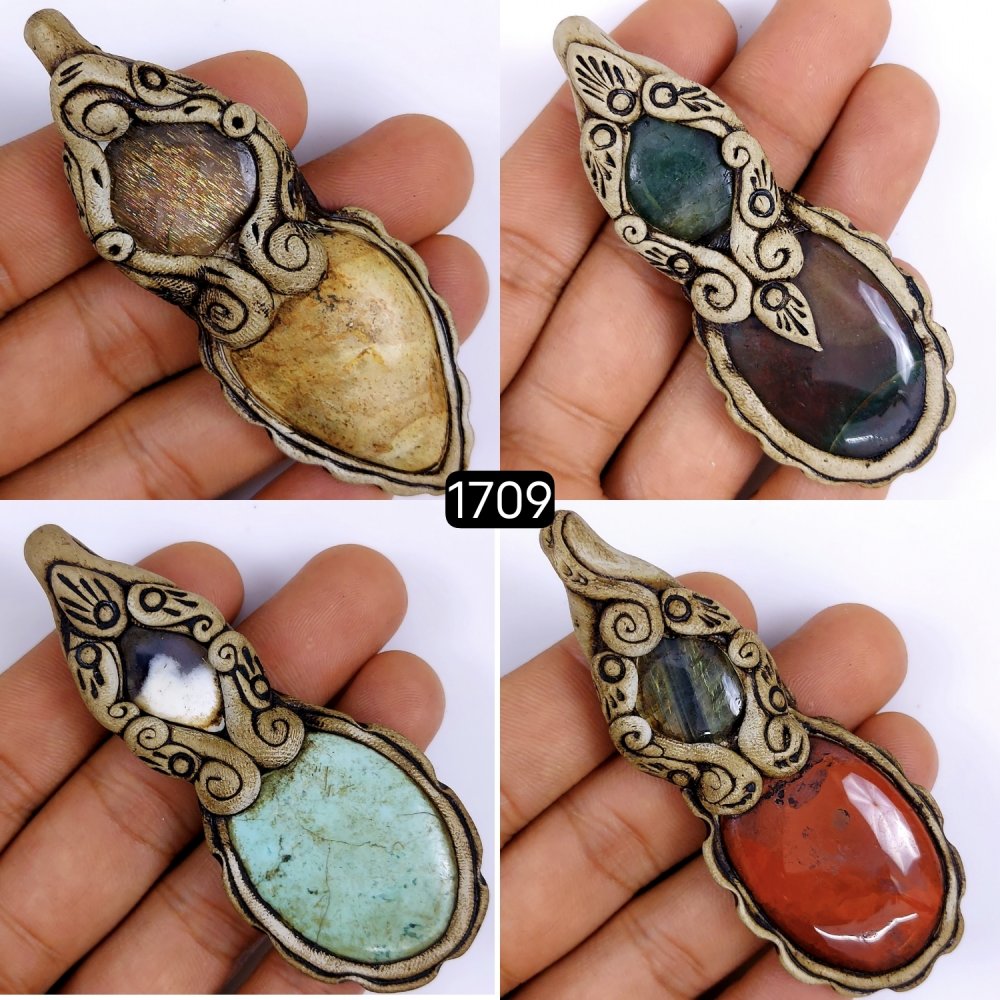 4 Pcs Lot 480Cts Natural Mix Gemstone Polymer Clay Pendant, Handmade polymer clay jewelry Necklaces, double stone Semi-precious gemstone pendants 75x25 70x20mm #G-1709