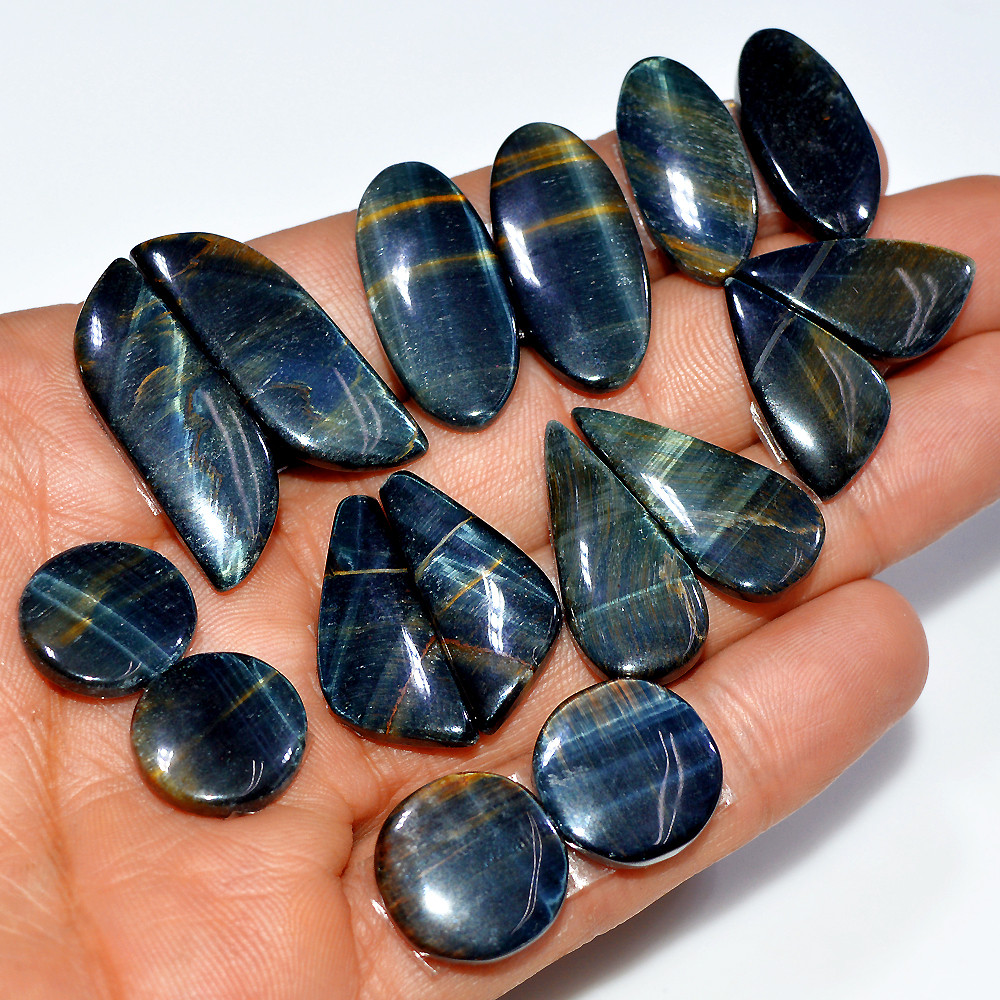 Image of 8 Pairs 177 Cts Natural Black Tiger Eye Cabochon Gemstone Dangle Drop Earrings Making Pair 31x10 13x13mm #17091