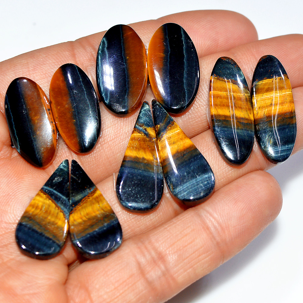 Image of 5 Pairs 122 Cts Natural Multi Tiger Eye Cabochon Gemstone Dangle Drop Earrings Making Pair 29x10 21x10mm #17099