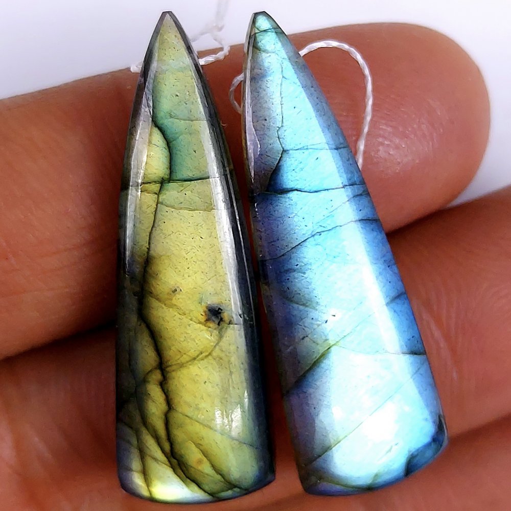 30Cts Natural Multi Fire Labradorite Cabochon Pair Fancy Shape Drilled Loose Gemstone 34x10mm #171