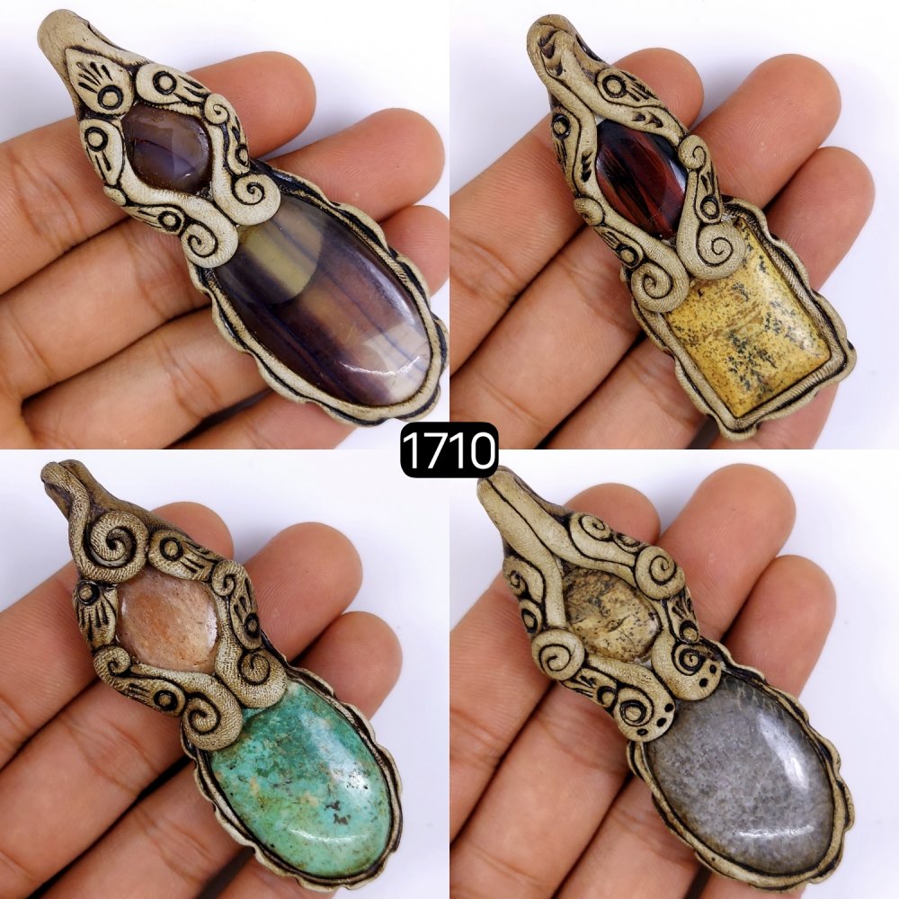 4 Pcs Lot 510Cts Natural Mix Gemstone Polymer Clay Pendant, Handmade polymer clay jewelry Necklaces, double stone Semi-precious gemstone pendants 75x25 70x20mm #G-1710