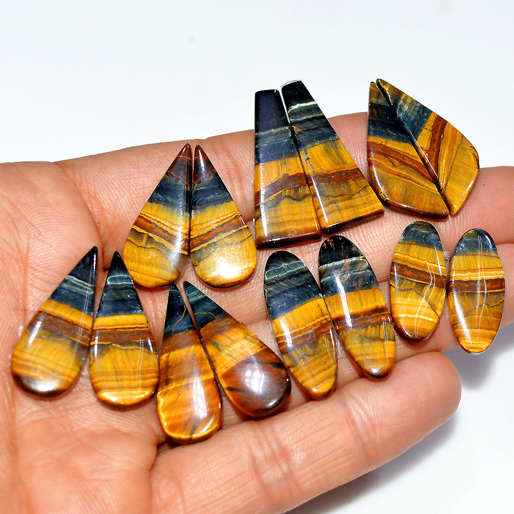 Image of 7 Pairs 161 Cts Natural Multi Tiger Eye Cabochon Gemstone Dangle Drop Earrings Making Pair 30x10 21x9mm #17100