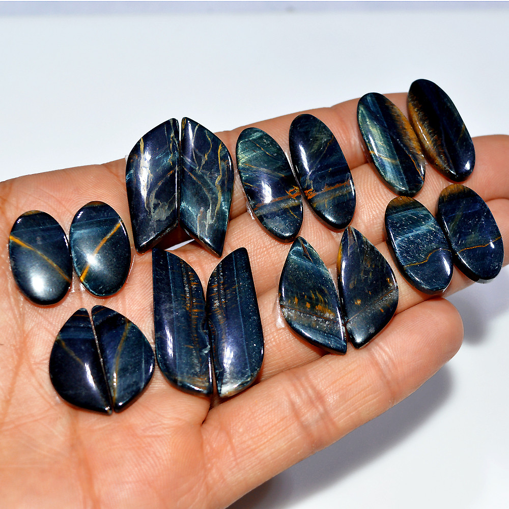 Image of 8 Pairs 188 Cts Natural Black Tiger Eye Cabochon Gemstone Dangle Drop Earrings Making Pair 30x10 19x10mm #17104
