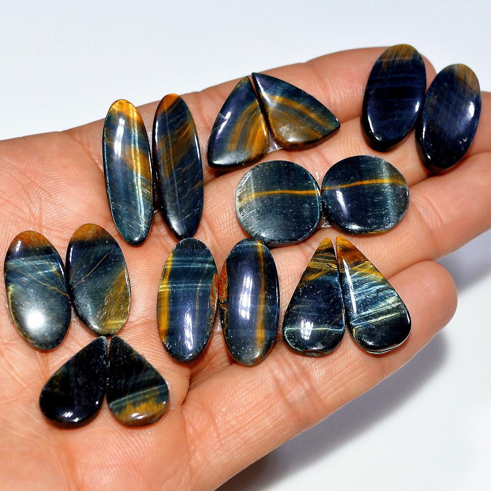 Image of 8 Pairs 165 Cts Natural Black Tiger Eye Cabochon Gemstone Dangle Drop Earrings Making Pair 30x9 20x10mm #17105