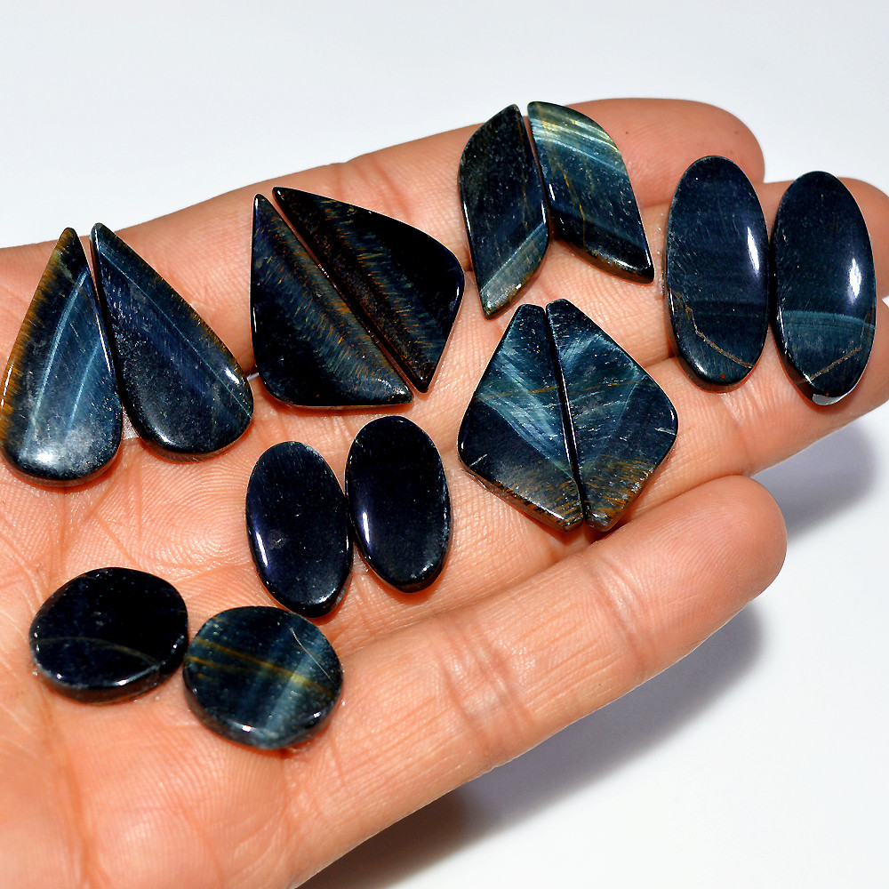 Image of 7 Pairs 164 Cts Natural Black Tiger Eye Cabochon Gemstone Dangle Drop Earrings Making Pair 29x11 15x15mm #17108