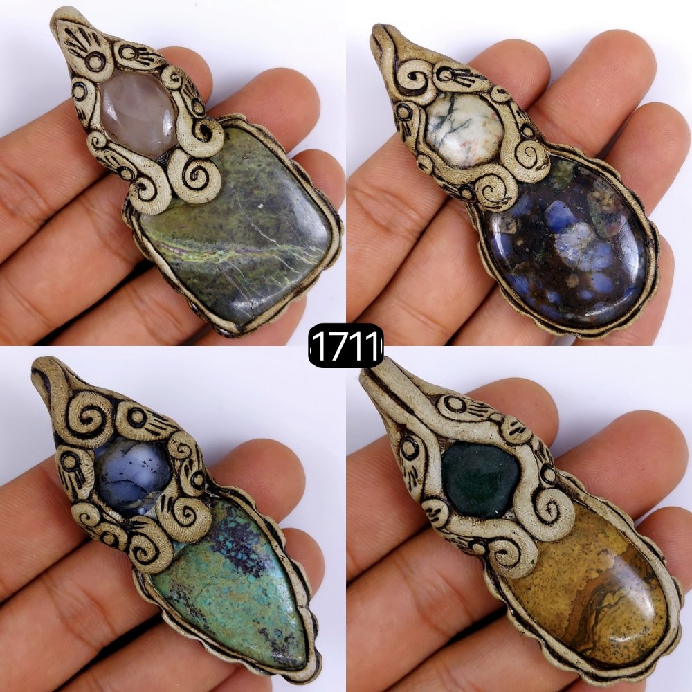 4 Pcs Lot 490Cts Natural Mix Gemstone Polymer Clay Pendant, Handmade polymer clay jewelry Necklaces, double stone Semi-precious gemstone pendants 75x25 70x20mm #G-1711