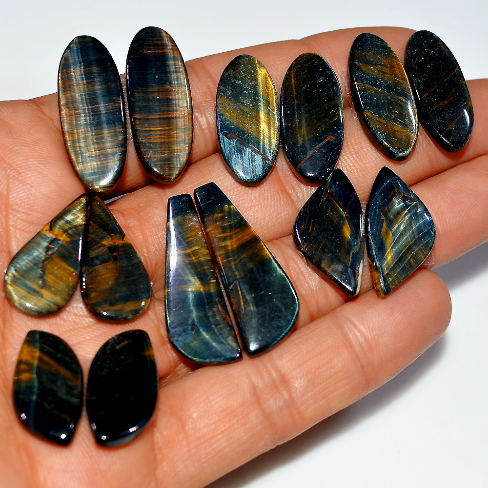 Image of 7 Pairs 155 Cts Natural Multi Tiger Eye Cabochon Gemstone Dangle Drop Earrings Making Pair 30x10 24x10mm #17110