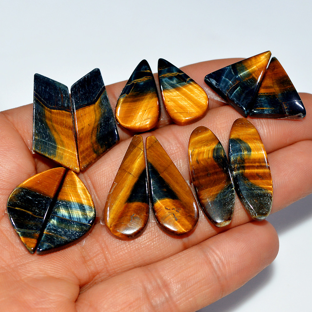 Image of 6 Pairs 135 Cts Natural Multi Tiger Eye Cabochon Gemstone Dangle Drop Earrings Making Pair 30x10 20x10mm #17111