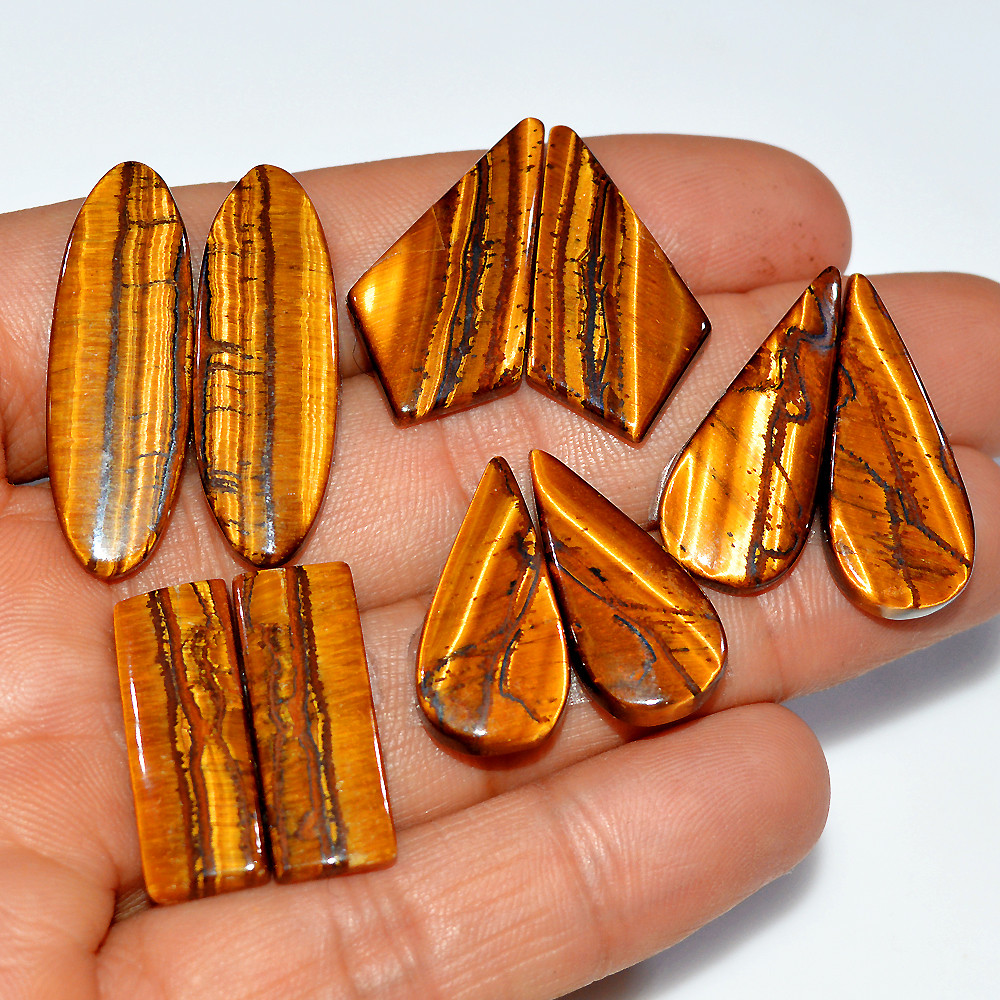 Image of 5 Pairs 116 Cts Natural Yellow Tiger Eye Cabochon Semi-Precious Gemstone Earrings Jewelry Making Pairs 32x10 23x10mm #17112