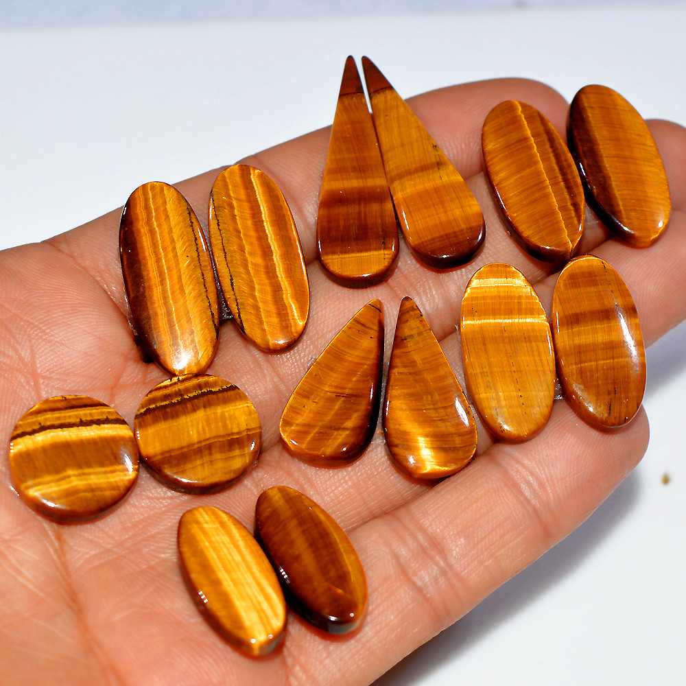 Image of 7 Pairs 175 Cts Natural Yellow Tiger Eye Cabochon Semi-Precious Gemstone Earrings Jewelry Making Pairs 35x10 15x15mm #17116