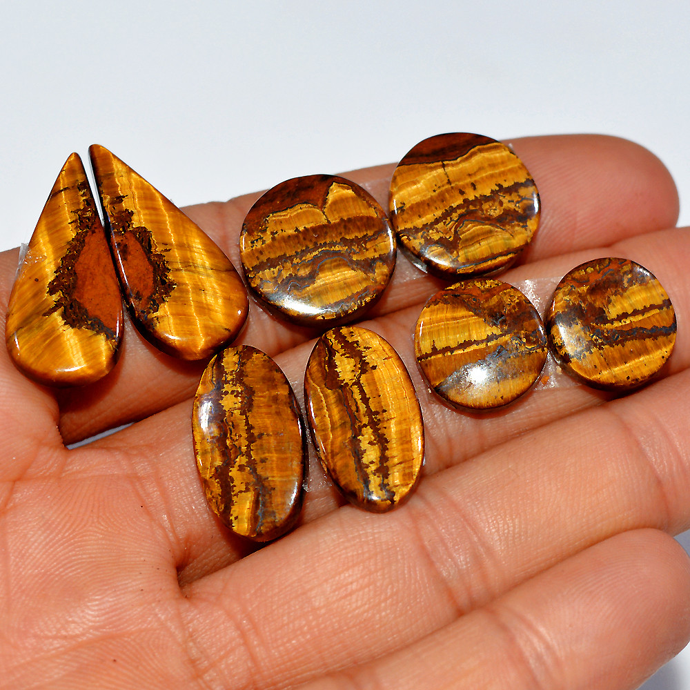 4 Pairs 84 Cts Natural Yellow Tiger Eye Cabochon Semi-Precious Gemstone Earrings Jewelry Making Pairs 25x10 11x11mm 17117