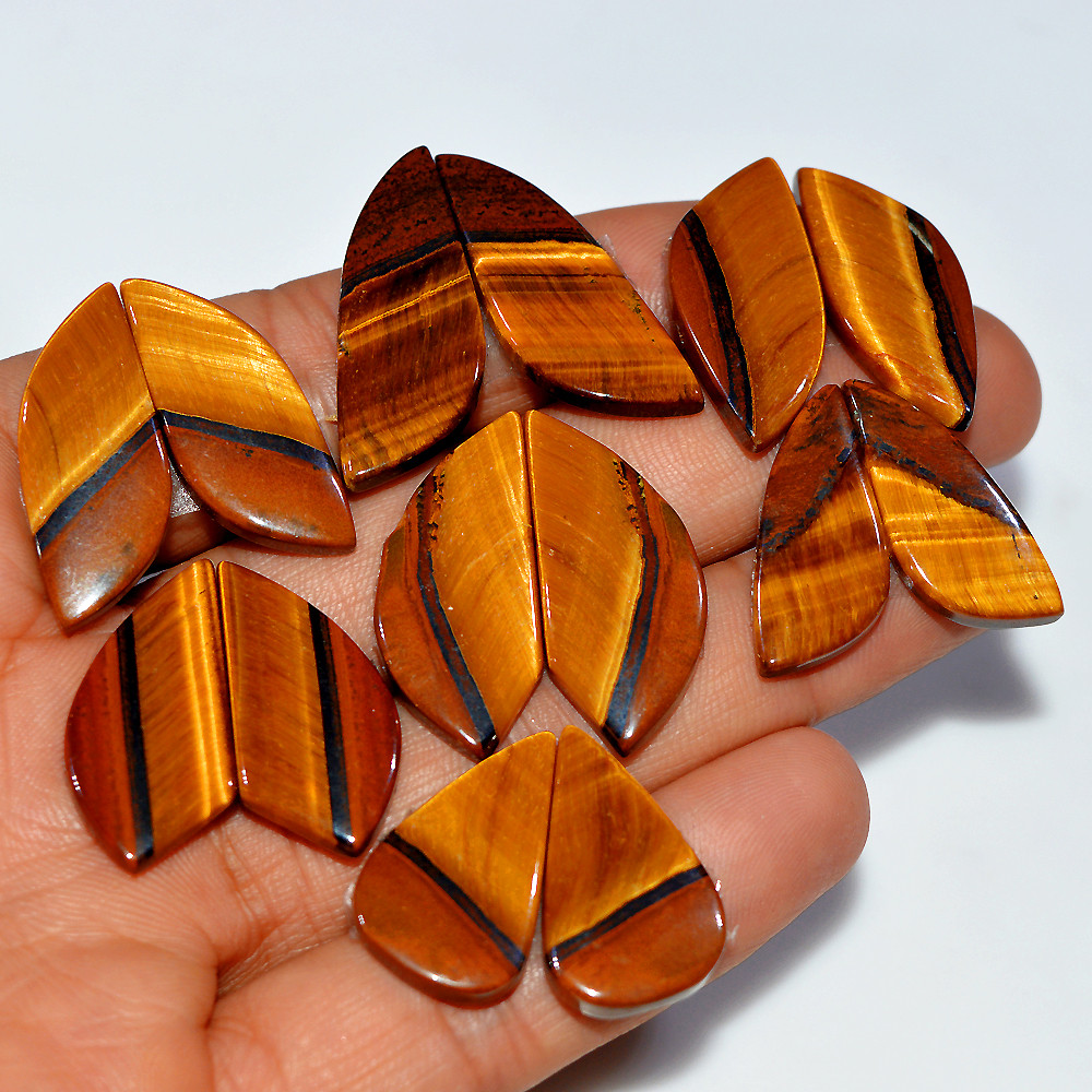 7 Pairs 195 Cts Natural Yellow Tiger Eye Cabochon Semi-Precious Gemstone Earrings Jewelry Making Pairs 32x10 25x10mm 17120