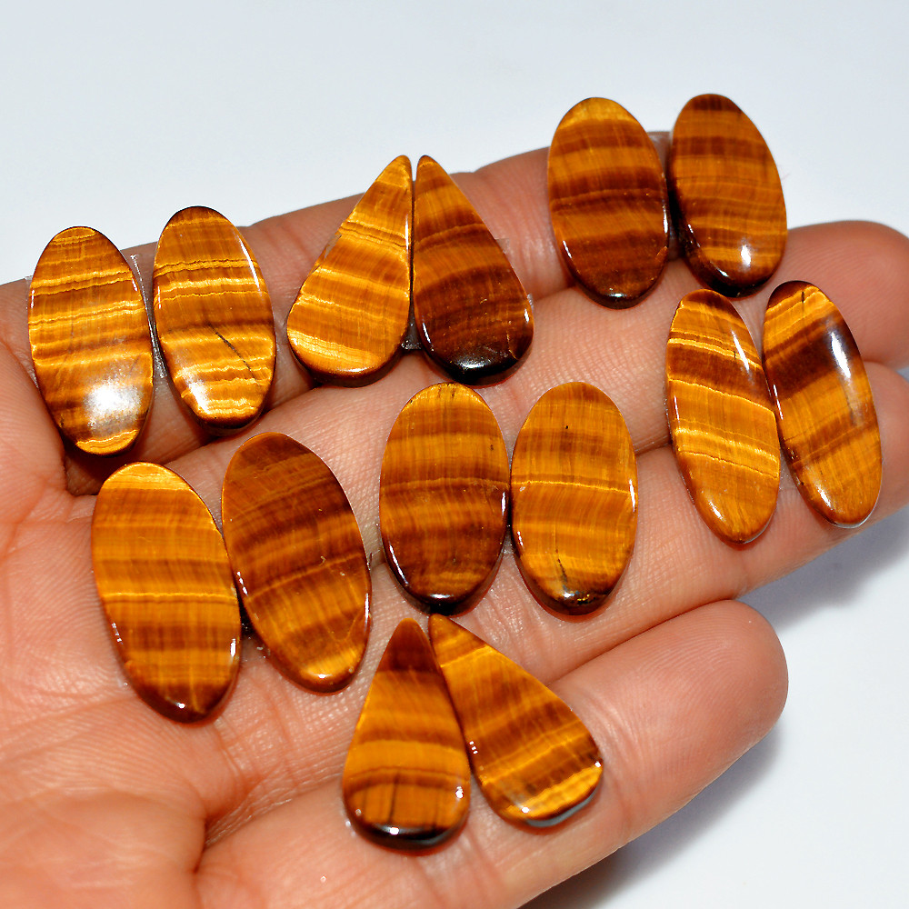 7 Pairs 128 Cts Natural Yellow Tiger Eye Cabochon Semi-Precious Gemstone Earrings Jewelry Making Pairs 25x10 20x10mm 17121