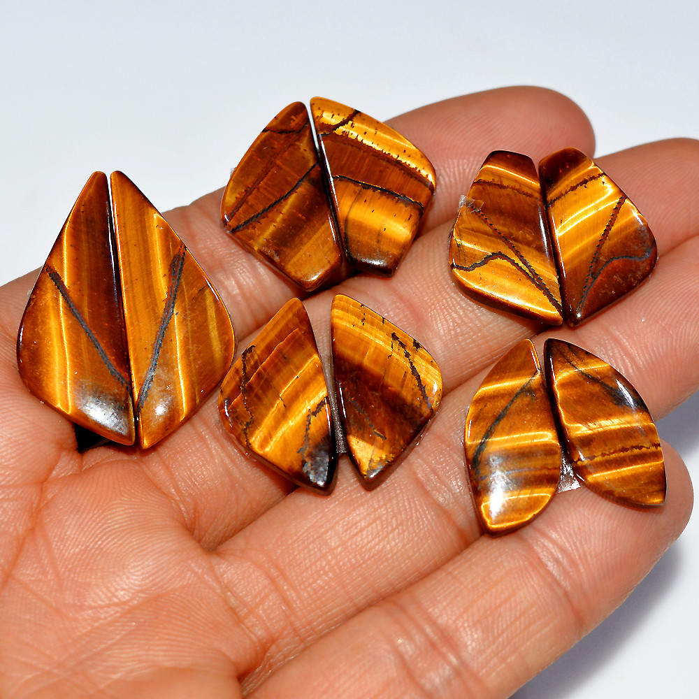 5 Pairs 102 Cts Natural Yellow Tiger Eye Cabochon Semi-Precious Gemstone Earrings Jewelry Making Pairs 31x10 20x9mm 17123