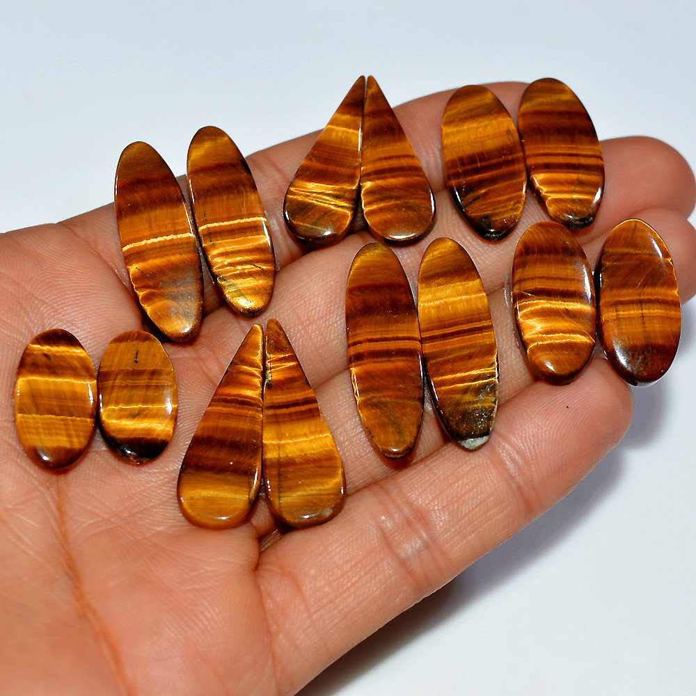 7 Pairs 160 Cts Natural Yellow Tiger Eye Cabochon Semi-Precious Gemstone Earrings Jewelry Making Pairs 32x9 19x9mm 17125