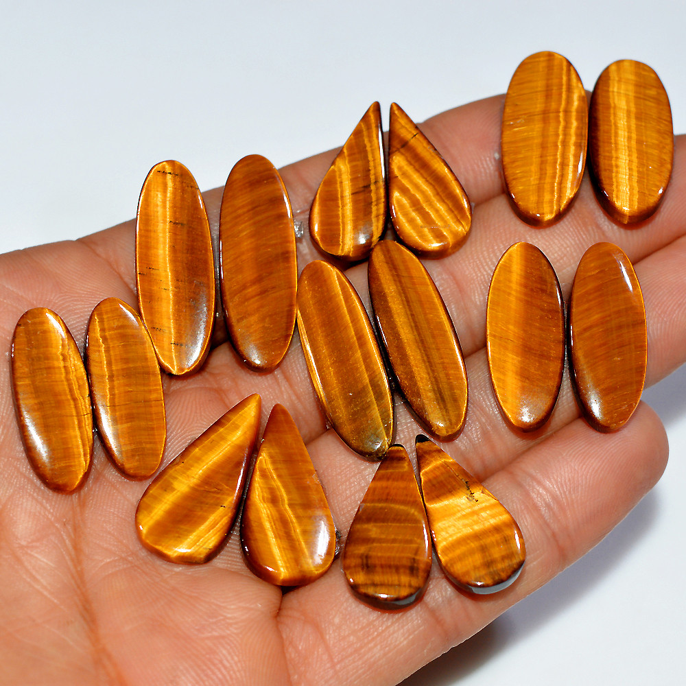 Image of 8 Pairs 178 Cts Natural Yellow Tiger Eye Cabochon Semi-Precious Gemstone Earrings Jewelry Making Pairs 30x9 21x9mm #17126