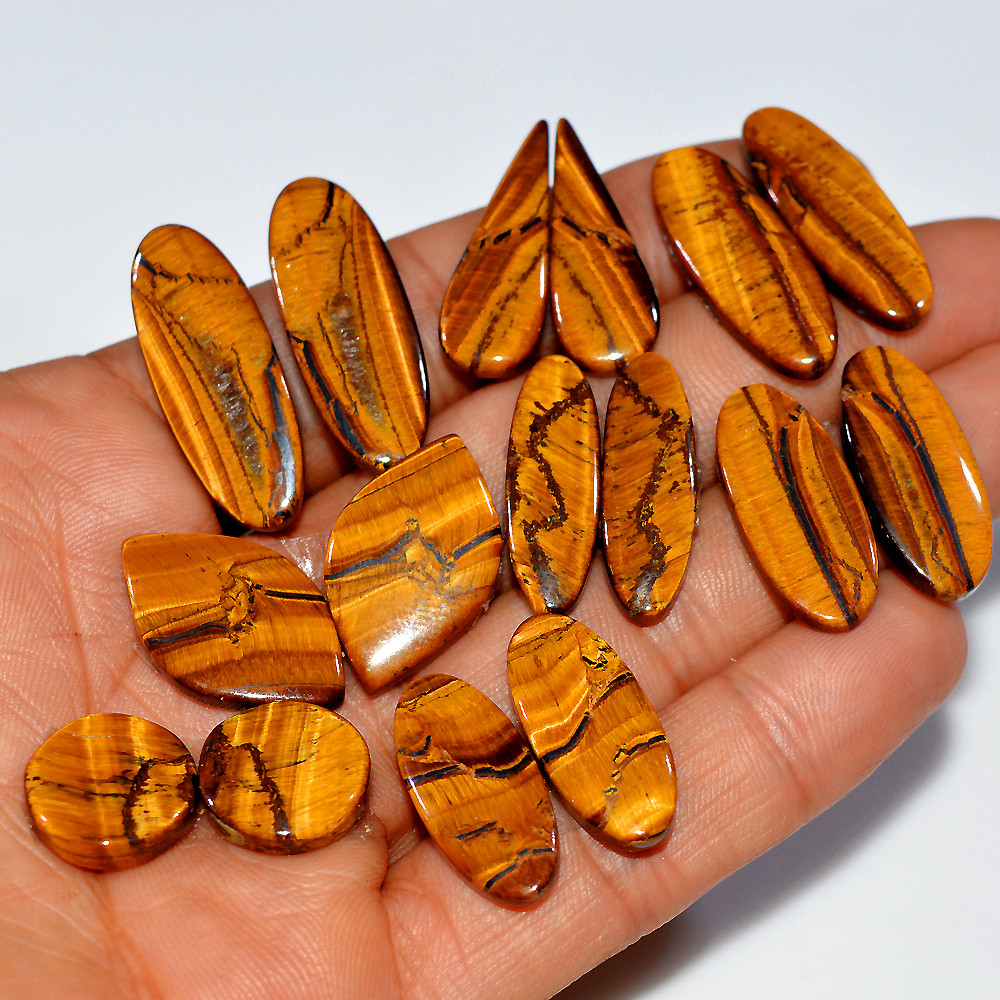 Image of 8 Pairs 181 Cts Natural Yellow Tiger Eye Cabochon Semi-Precious Gemstone Earrings Jewelry Making Pairs 30x10 14x14mm #17128